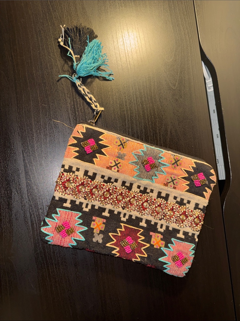 lovestitch Black Multicolor Embroidered Boho Wristlet Clutch
